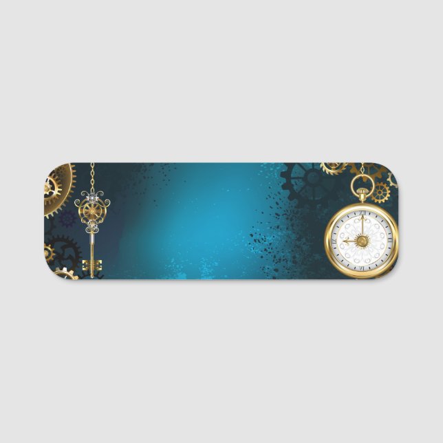 Porte-nom Steampunk Arrière - plan turquoise avec Gears (Devant)