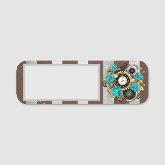 Porte-nom Steampunk Clock and Turquoise Roses on Striped (Devant)