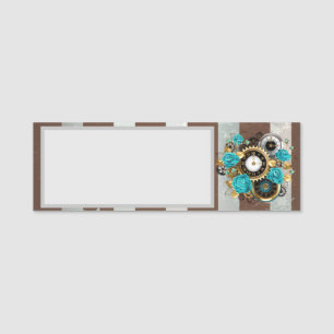 Porte-nom Steampunk Clock and Turquoise Roses on Striped