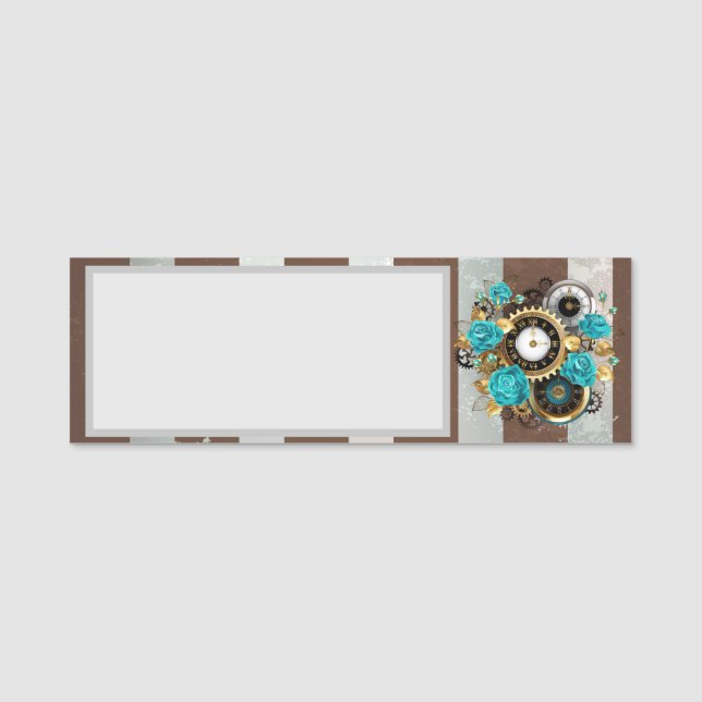 Porte-nom Steampunk Clock and Turquoise Roses on Striped (Devant)