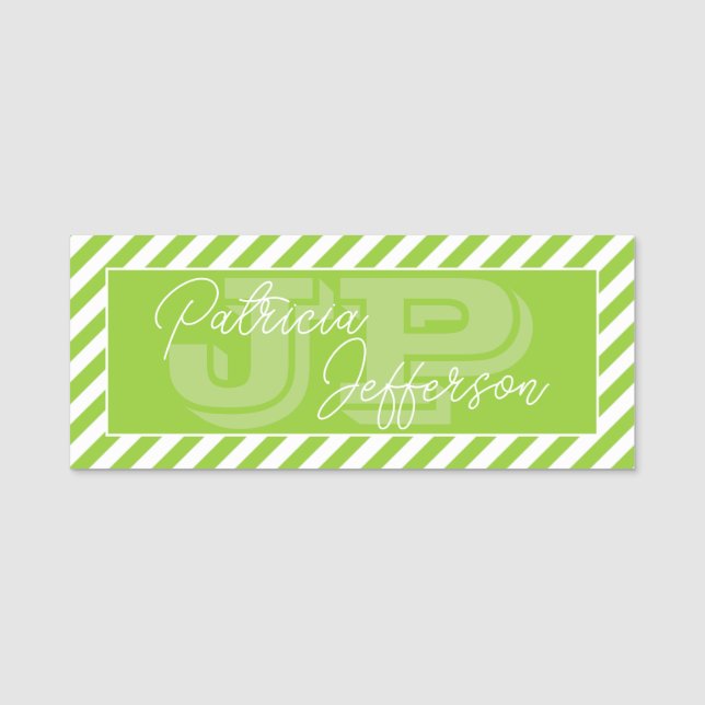 Porte-nom Style Apple Green White Striped : Unique Monogramm (Devant)