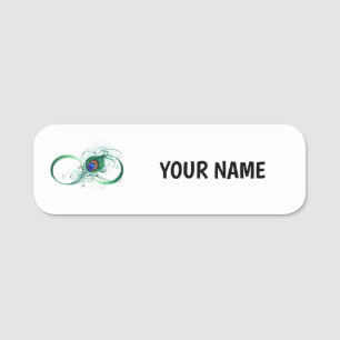 Porte-nom Symbole d'infini avec plume de paon
