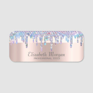 Porte-nom Tendance, rayures holographiques gouttes, or rose
