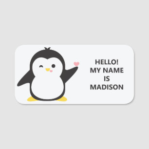 Porte-nom Texte personnalisé et couleur pingouin mignon