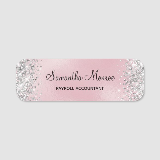 Porte-nom Titre de feuille d'argent rose pailleté (Devant)