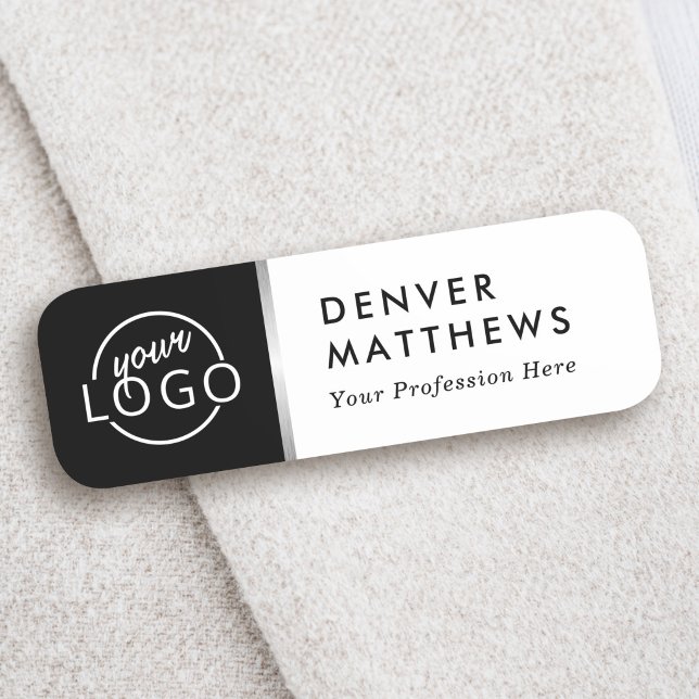 Porte-nom Titre de nom de logo classe noir blanc gris bordur (Logo name title classy black white gray border tag)