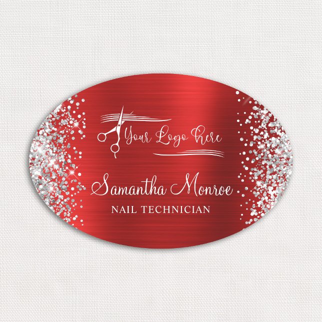 Porte-nom Titre de nom en feuille d'argent rouge (Silver Glitter Red Foil Name Title Tag)
