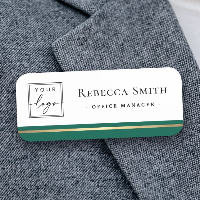 Porte-nom Titre du nom du logo, bordure vert forêt, moderne  (Logo name title forest green border white modern name tag)