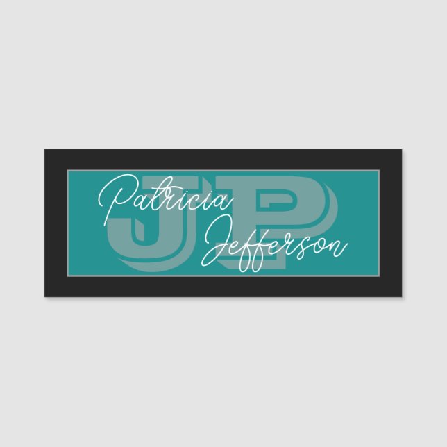 Porte-nom Turquoise noir et bleu-vert manuscrit : Monogramme (Devant)