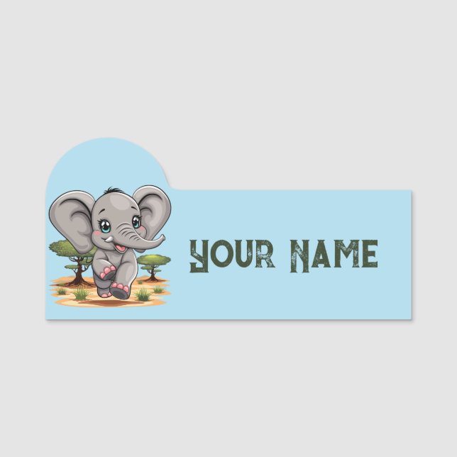 Porte-nom Un bébé éléphant qui sonne heureux dans la savane  (Devant)