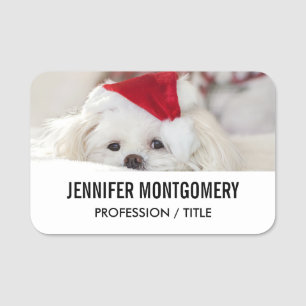Porte-nom Un mignon chien blanc dans un Casquette de Noël ro