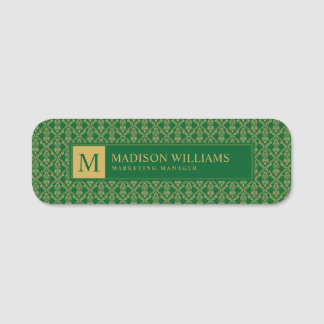 Porte-nom Vert émeraude et or, motif damassé sans couture