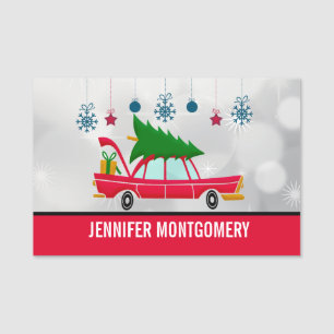 Porte-nom Voiture rouge rétro portant un arbre de Noël