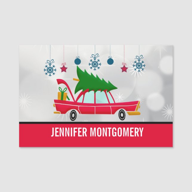 Porte-nom Voiture rouge rétro portant un arbre de Noël (Devant)