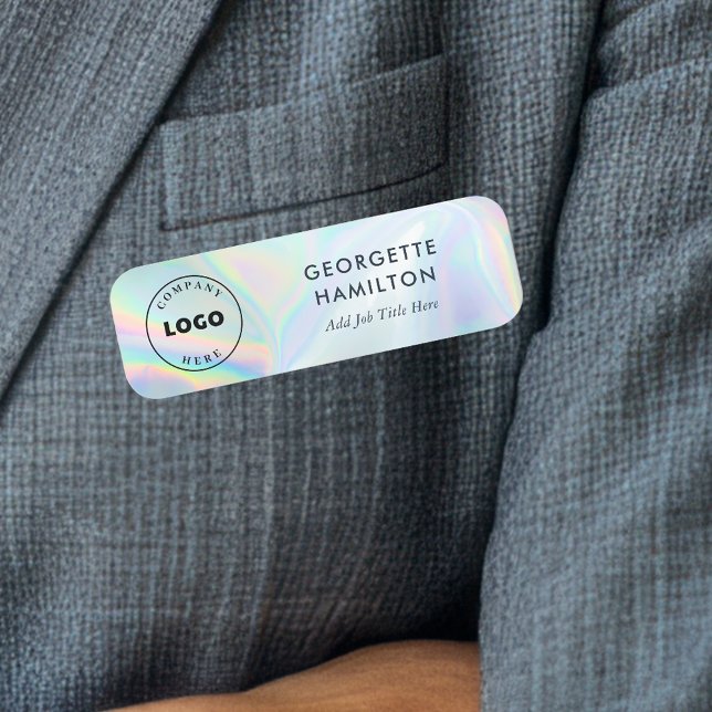 Porte-nom Votre logo d'entreprise personnalisé Iridescente d (Minimalist Business Logo Holographic Navy Blue Name Badge)