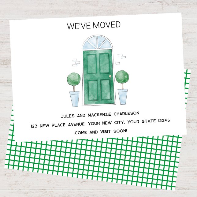 Porte Verte Nous Avons Déménagé Nouveau Faire-part (Green door watercolor custom text new home we I have moved change of address moving announcement)