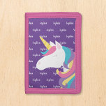Portefeuille À 3 Volets Cute Unicorn Purple Nom des enfants personnalisés<br><div class="desc">Porte-monnaie unique mignonne personnalisée fille violet avec une police de script moderne. Vous pouvez choisir la police de votre choix ou modifier la couleur de l'arrière - plan à l'aide des outils de modèle en ligne.</div>
