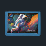 Portefeuille À 3 Volets Espace astronaute moderne coloré Nom personnalisé<br><div class="desc">Colorful Modern Astronaut Space Nom personnalisé Mens Wallets comprend un astronaute flottant dans l'espace avec des planètes et des nageoires colorées et personnalisées avec votre nom dans la typographie script moderne. Parfait comme cadeau pour les amoureux de l'espace, famille et amis pour anniversaire, Noël, vacances, Fête des pères, frère, mari,...</div>