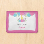 Portefeuille À 3 Volets Fleur Unicorne Visage Personnalisé Filles<br><div class="desc">Le joli porte-monnaie de licorne fait un cadeau merveilleux pour une fille. Le design présente un visage de licorne et des fleurs en violet,  rose et turquoise. Personnalisez avec un nom pour un cadeau personnalisé qu'elle aimera.</div>