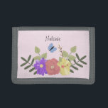 Portefeuille À 3 Volets Fleurs de fille et papillon Pastel Nom rose<br><div class="desc">Jolie illustration florale sur porte-monnaie rose pastel personnalisé (couleur arrière - plan peut être changée)</div>