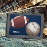 Portefeuille À 3 Volets Football Monogrammes Garçons<br><div class="desc">Porte-monnaie pour garçons de football et de baseball avec place pour son nom ou ses initiales,  ou supprimer les lettres. Thème de sport en bleu foncé avec options pour la surface couchée.</div>