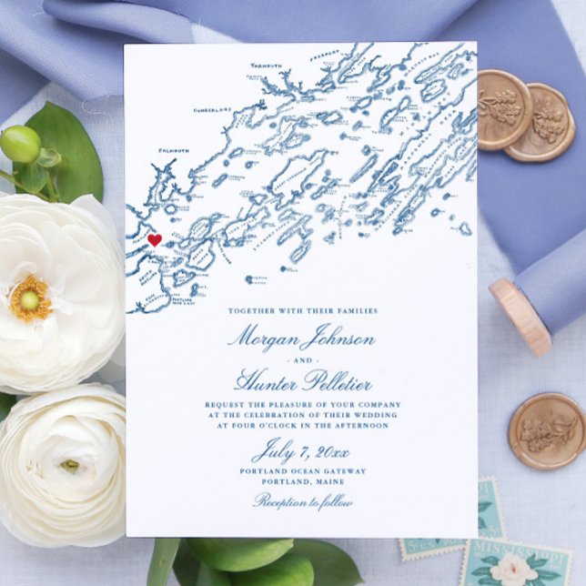 Portland Maine Casco Bay Elégant Mariage de carte  (Portland Maine Wedding Invitation with Elegant Navy Blue Casco Bay Map from Coastal Map Designs)