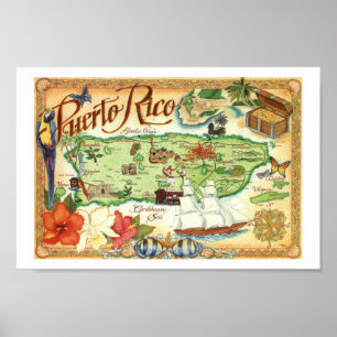 Porto Rico Map Colorée Impression Vintage