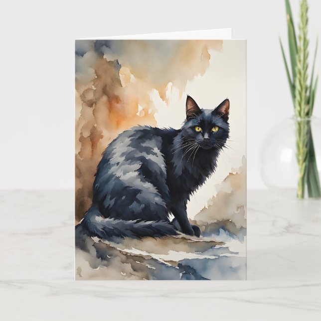Portrait à l'aquarelle de chat noir Carte de vœux  (Devant)