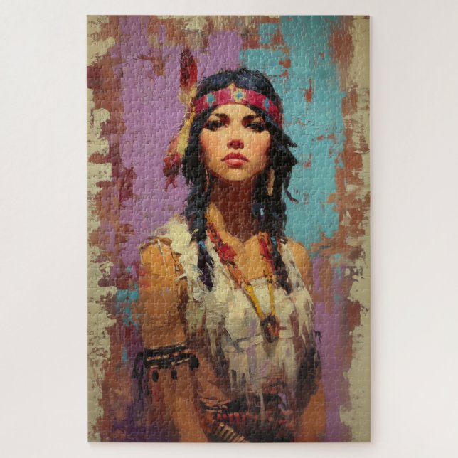 Portrait de femme amérindienne en puzzle (Vertical)