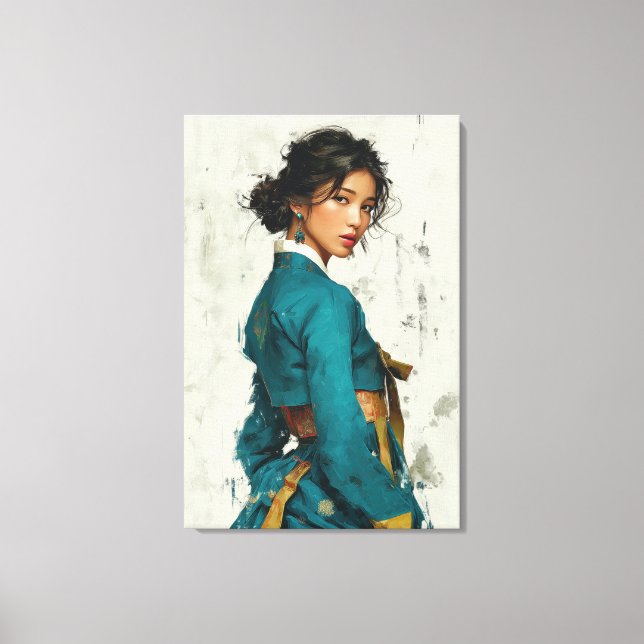Portrait de Hanbok sarcelle moderne sur toile (Recto)