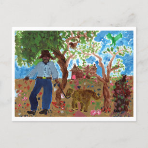 Portrait de l'artiste avec carte postale pour chie