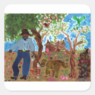 Portrait de l'artiste avec ses stickers de chien