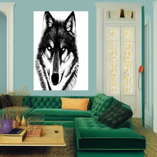 Portrait de loup noir et blanc   AI Art Poster