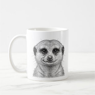 Portrait de suricate sur tasse à café noir blanc