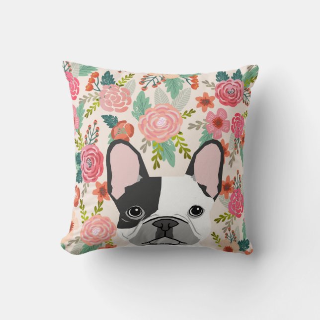 Portrait mignon d'un coussin floral de Bulldog (Recto)