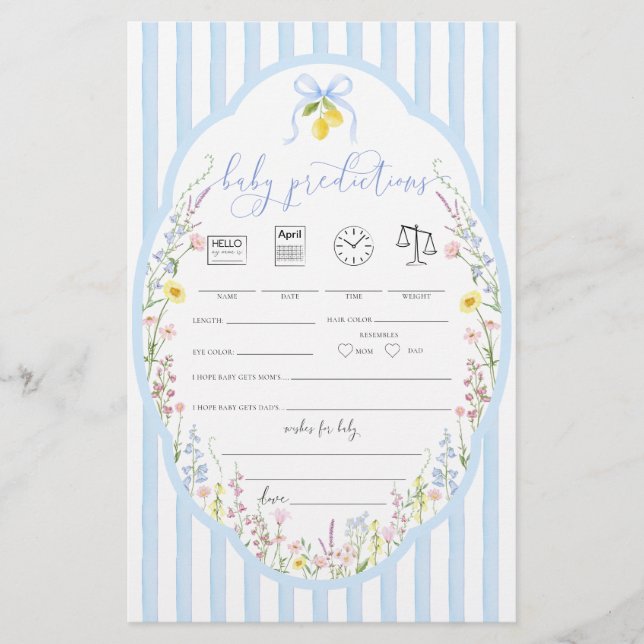 Posey Wildflowers Blue Bow Baby Predictions Game (Devant)