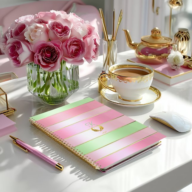 Posh Pastel Pink and Green Striped (Stylish Pink and Pastel Green Monogrammed Planner/Glossy Finish (pictured) or Matte)