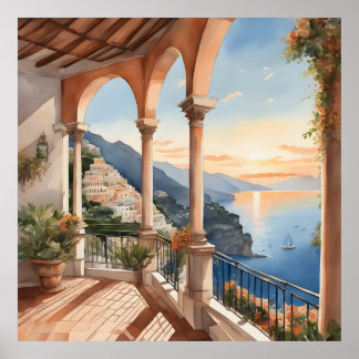 Positano Dream : Watercolor Sunset Vista Poster