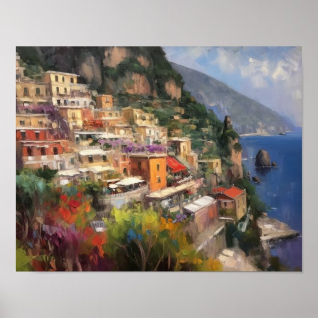 Positano Italie Aquarelle Art Imprimer Poster (Devant)