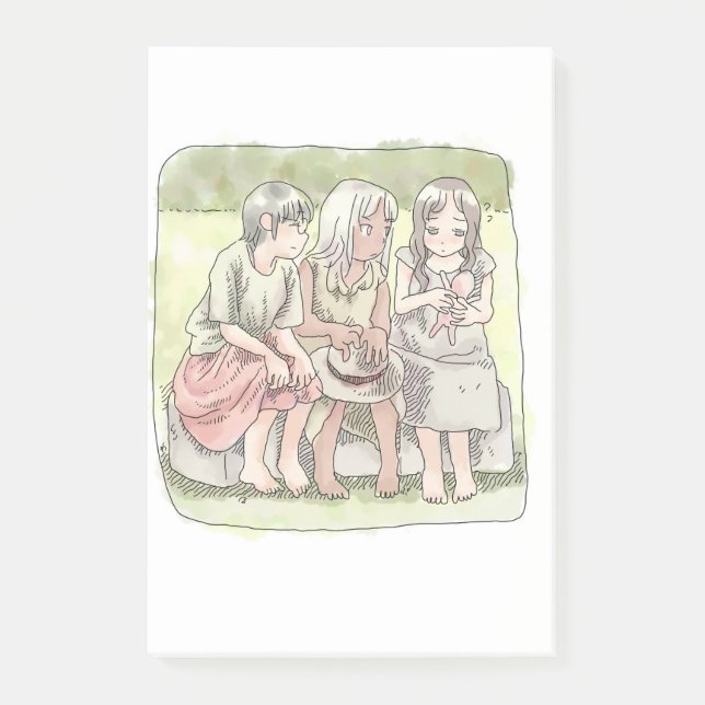 POST-IT® さなにやじ　野外で、椅子に座って仲良くしている三人の裸足の女の子のイラスト (Devant)