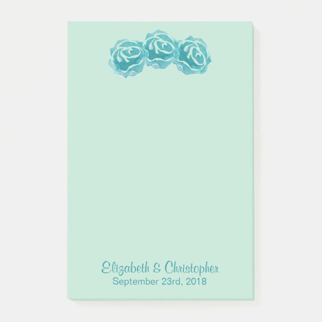 Post-it® 3 Roses aquarelles sarcelles sur fond vert menthe  (Devant)
