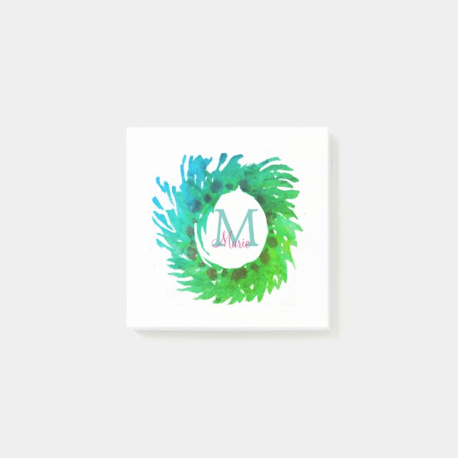 Post-it® Ajouter une couronne de Noël vert rose monogramme (Devant)
