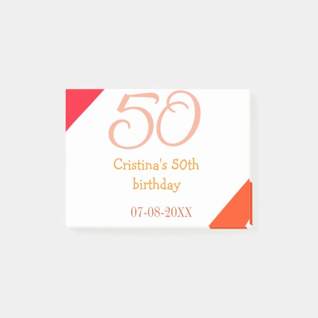 Post-it® anniversaire 50 ans orange rouge ajouter nom date  (Devant)