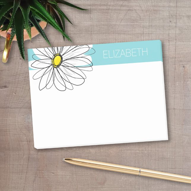 Post-it® Aqua and Yellow Whimsical Daisy Custom Text (Personalized post-it notes with a monogram and whimsical daisy drawing - low quantity available)