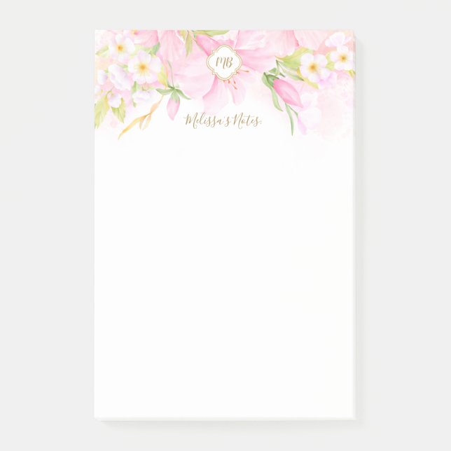 Post-it® Aquarelle Delicate Monogramme Botanique Rose Flora (Devant)