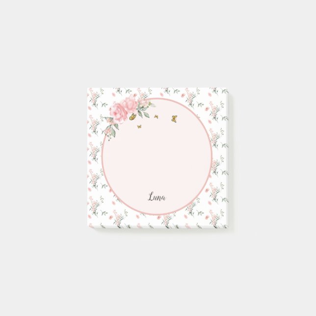 Post-it® Aquarelle Élégantes Roses Roses avec Papillons (Devant)