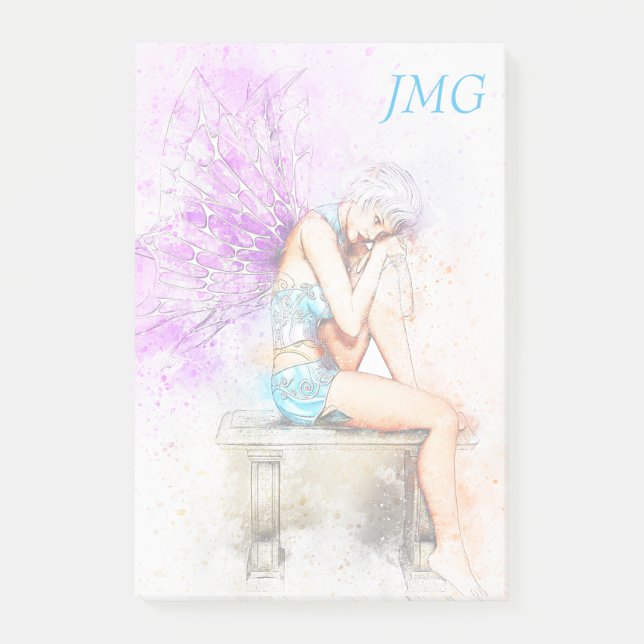 Post-it® Aquarelle Fée en bleu avec Monogramme (Devant)