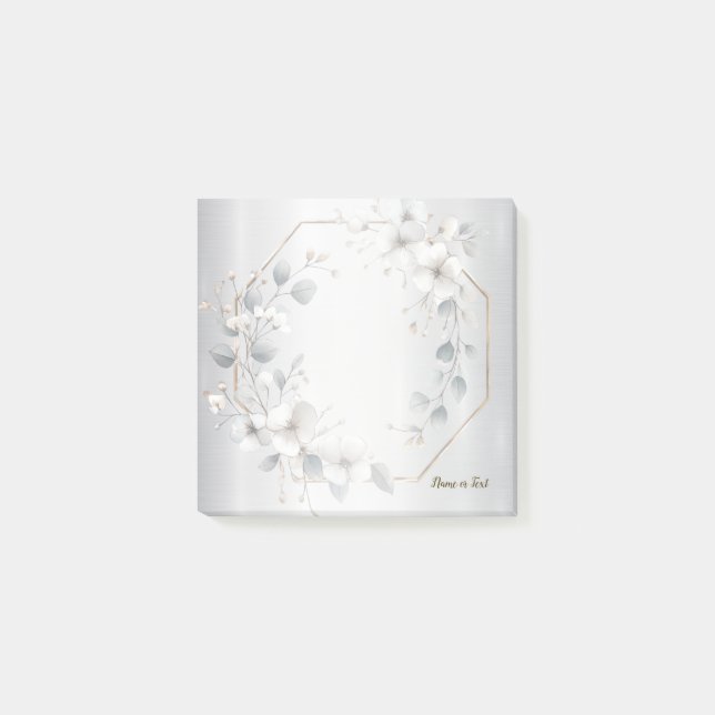 Post-it® Aquarelle Fleurs blanches Cadre doré Argent Turquo (Devant)