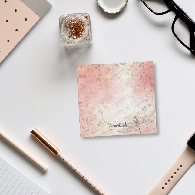 Post-it® Aquarelle Floral Dragonfly Monogramme | Vert rose (Créateur téléchargé)