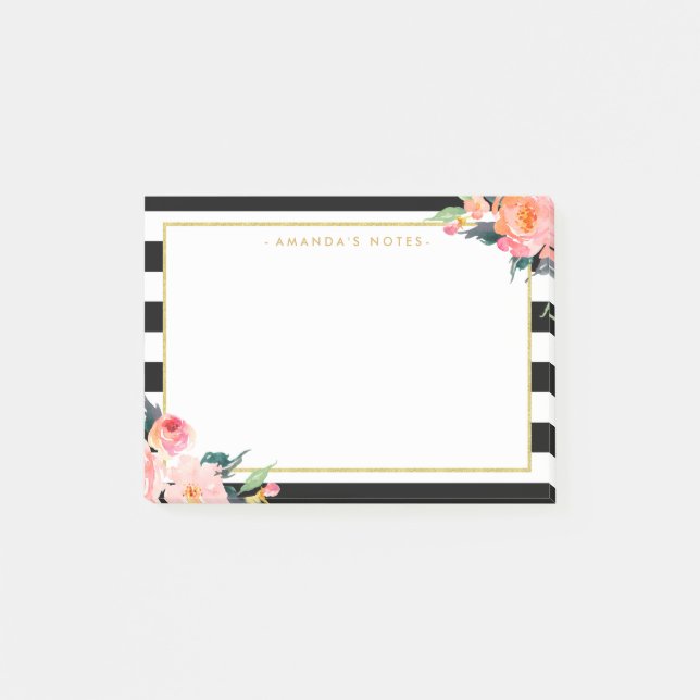 Post-it® Aquarelle Floral Gold Frame Black White Stripes (Devant)